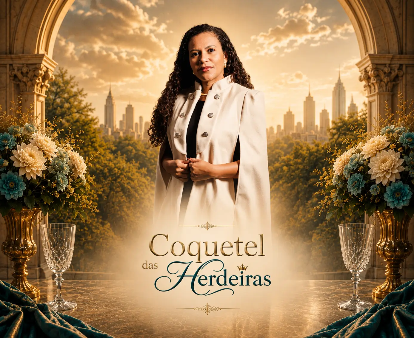 Coquetel das Herdeiras — Danielle Ribeiro diante de um skyline ao entardecer.